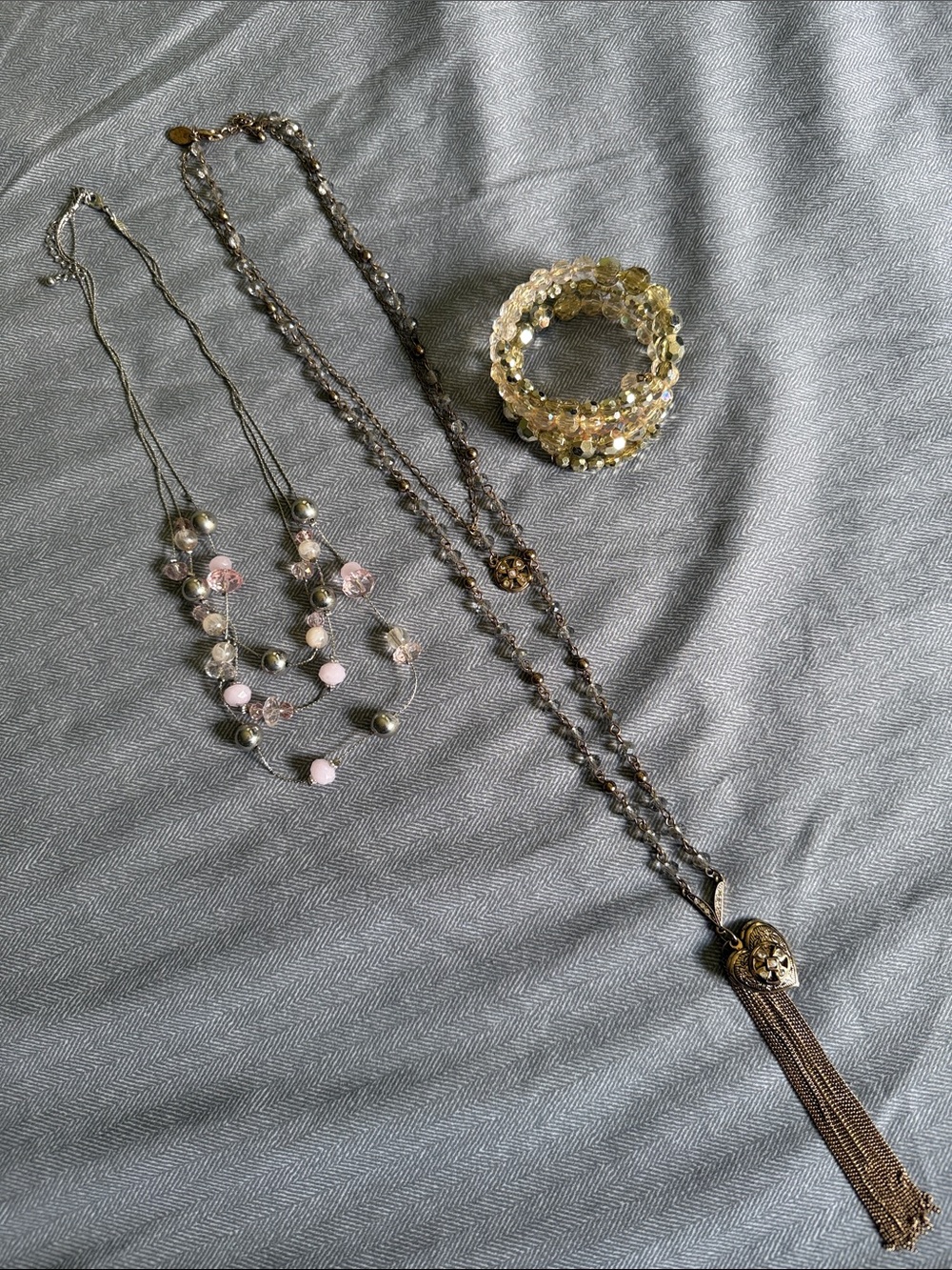 2 Necklaces and 1 Bracelet: Gold-Tone Tassel Necklace with Pink Bead Accent